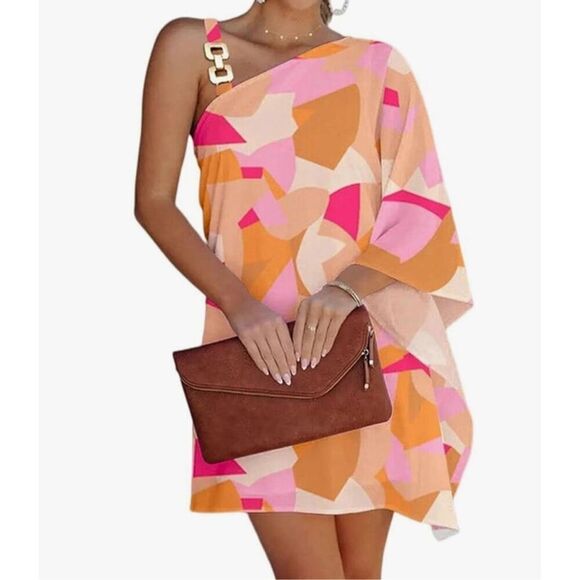 Multi One Shoulder Batwing Dress Size 2XL NEW - Picture 1 of 7